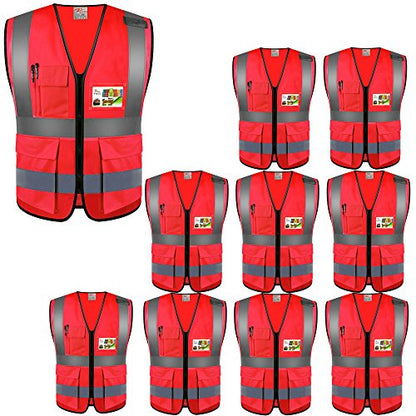 zojo High Visibility Reflective Safety Vest with Multi Pockets 10 Pack Bulk - color: Red, size: X-Large