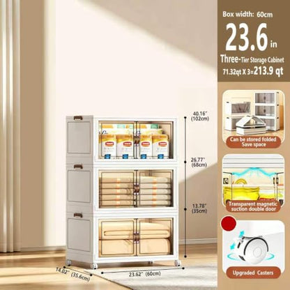 213.9QT Collapsible Stackable Storage Bins, Magnetic Doors with Lockable Wheels, Foldable Plastic Organizer Cubes, 3 Pack for Bedroom Kitchen Dorm Office Garage - size: 3PACK-23.62"W14.02"D40.16"H
