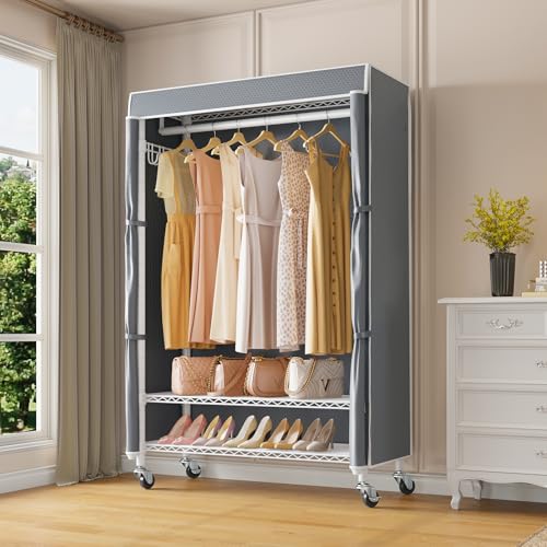 VIPEK R3C Covered Clothing Rack for Hanging Clothes Rolling Closet - color: White Rack with Gray Cover, size: R3C