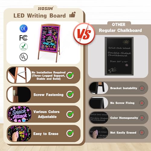 Hosim LED Message Writing Board 32"x24", Standing A-Frame Wooden Drawing Board Illuminated Erasable Neon Menu Sign, 8 Colors Markers & 16 Lighting Colors Flashing Chalkboard Restaurant Menu Board