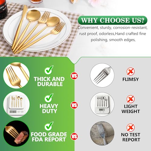 200 Pcs Food Grade Gold Silverware Set, Stainless Steel Cutlery Utensil Set, Mirror Polished Flatware Set for 40 Include Dinner Knife Fork Spoon for Home, Wedding, Restaurant, Dishwasher Safe
