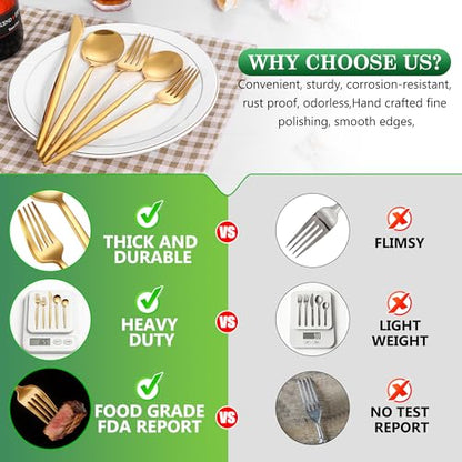200 Pcs Food Grade Gold Silverware Set, Stainless Steel Cutlery Utensil Set, Mirror Polished Flatware Set for 40 Include Dinner Knife Fork Spoon for Home, Wedding, Restaurant, Dishwasher Safe