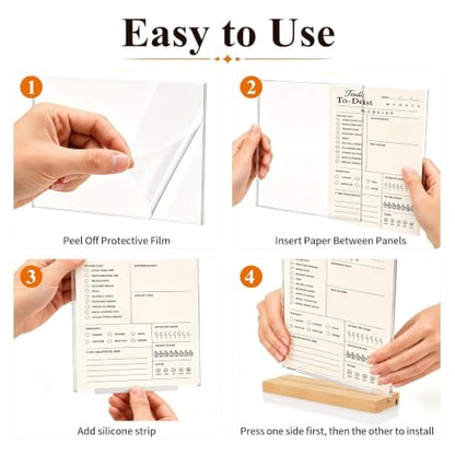 8.5x11 Acrylic Sign Holder with Wooden Base 4 Pack Adjustable Vertical/Tilt - color: Natural, size: 8.5"x11"
