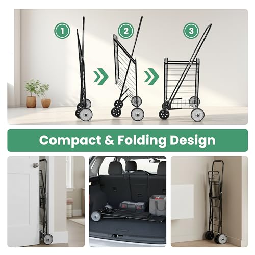 Simple Deluxe Folding Shopping Cart with Wheels, 90LB Capacity & Comfortable Foam Handle, Heavy Duty Collapsible Utility Cart for Groceries, Laundry, Travel, Books, Black