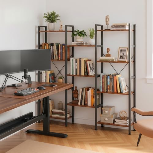 Triple Bookshelf, Free Standing Bookcase with Open Storage Shelves - color: Rustic Brown, size: 11 Tier