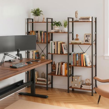 Triple Bookshelf, Free Standing Bookcase with Open Storage Shelves - color: Rustic Brown, size: 11 Tier
