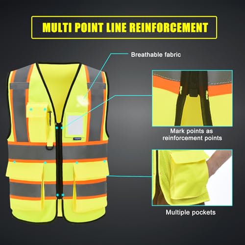 AYKRM Security Vest for Men Women 7 Pockets High Visibility Reflective Safety Vest Front Zipper Meets ANSI/ISEA - color: Yellow-csi, size: XX-Large