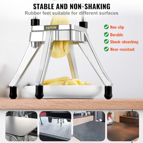 VEVOR Commercial Vegetable Fruit Chopper, Stainless Steel French Fry Cutter w/ 4 Blades 1/4" 3/8" 1/2", Vegetable Chopper Dicer w/Stainless Bowl, Heavy Duty Cutter for Potato Tomato Onion Mushroom - size: 1/4" + 3/8" + 1/2" + 6-Wedge Slicer
