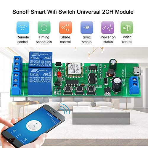 WiFi Wireless Smart Switch Relay Module for Smart Home 5V 5V/12V，Ba Applied to Access Control, Turn on PC, Garage Door (2CH WiFi Inching Relay)