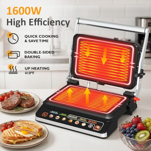 1600W Electric Indoor Grill Panini Press with 8 Preset Menu - size: Large