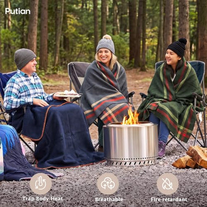 PuTian 100% Wool Blanket - Camping Outdoor Blanket, Plaid Dark Gray - color: Plaid Pattern Dark Gray, size: 63" × 87"