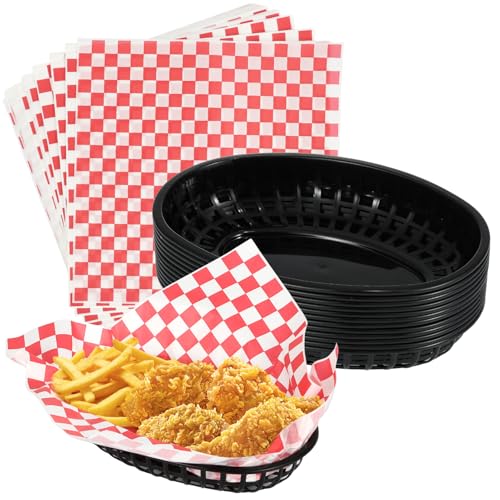Rainmae Plastic Food Baskets with Deli Liners, 12 Fast Food Baskets, Oval Tray and Liners Reusable Chip Basket for Burgers, Sandwiches, Snacks, Candy Fruits, Restaurant Tray - Red Style - color: Black(12 Pcs+100 Red Deli Paper）