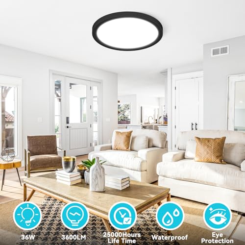 libtit 2-Pack 16" Black LED Ceiling Lights, 36W 3600lm, 3 Color Temps 3000K/4000K/6500K, Large Flush Mount Fixture for Kitchen, Hallway, Bedroom, Living Room, 120V ETL Listed - color: Black, size: 16in-2Pack