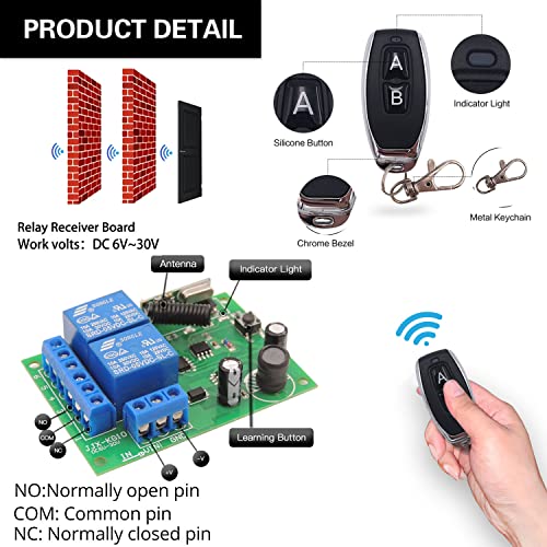 DieseRC DC 12V 24V 30V Secure Remote Control Switch Universal Wireless 433Mhz Rf 10A Relay Receiver Board with 2 Transmitter Key Fobs for Motor Light Gate Door DIY Wireless Controller - color: 2 Buttons