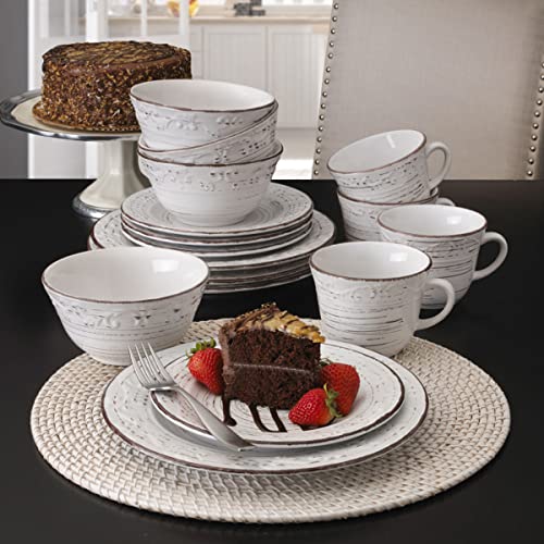 Pfaltzgraff Trellis White 16-Piece Stoneware Dinnerware Set, Service for 4, Distressed White Finish, Microwave & Dishwasher Safe Plates and Bowls - color: Distressed White