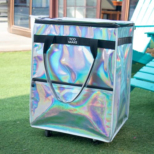 Medium Phantom White Reusable Grocery Bag on Wheels, Folding Rolling Tote - color: Phantom White, size: Medium