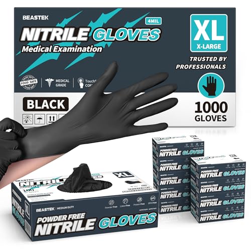BEASTEK Black Nitrile Disposable Gloves, 4.0 Soft+™ Powder-Free 100 &1000CT - color: 1000 Black (X-large)