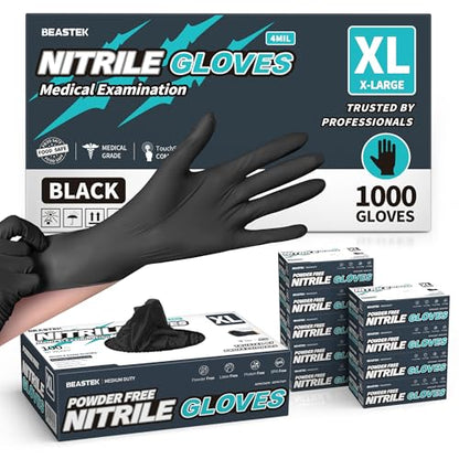 BEASTEK Black Nitrile Disposable Gloves, 4.0 Soft+™ Powder-Free 100 &1000CT - color: 1000 Black (X-large)