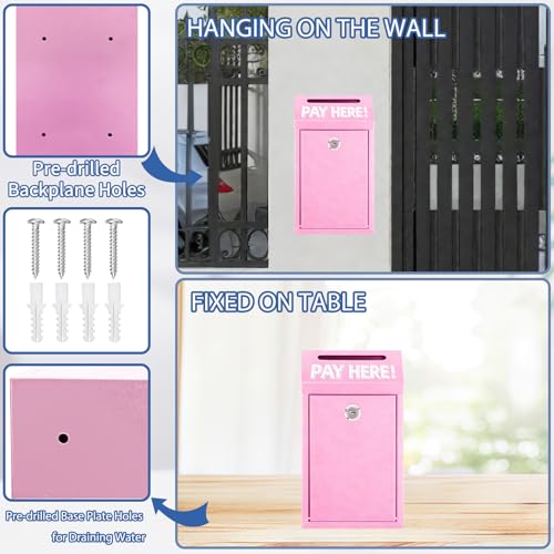 Cash Money Box with Slot – 10.2In Metal Donation Box with Lock for Cash Deposit,Wall Mounted Money Drop with Lock and Slot for Home/Farm/Office/Outdoors (Pink) - color: Pink