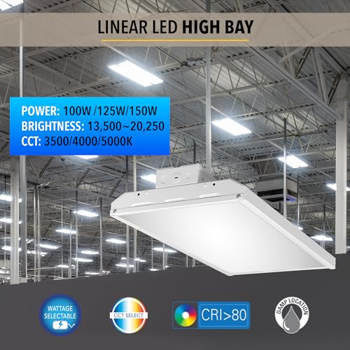 CLT LED Linear High Bay Fixture with Motion Sensor, 150 Select Wattages, 3 Select CCT, 0-10V Dimmable, Commerical Bay Fixture for Warehouse, Workshop, 120-277V, 24 Inch. DLC, UL Listed. 2-PK