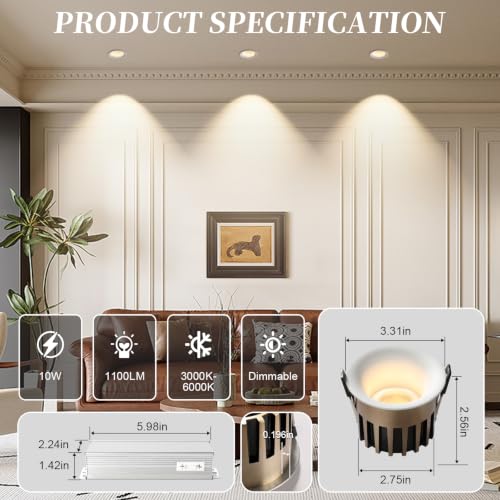 3 Inch LED Recessed Lights, Dimmable, 3CCT, CRI98, Trimless Ceiling Light - color: White-Gold, size: 3 Inch-2 Pack