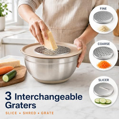 30PCS Mixing Bowls Measuring Cups and Spoons Set, 7QT to 1QT Large Stainless Steel Nesting Bowls with Lids Set, Graters, Non-Slip Silicone Bottom, Kitchen Appliances Home Essentials, Khaki - size: 9+7+14 - Bowls & Cups & Spoons