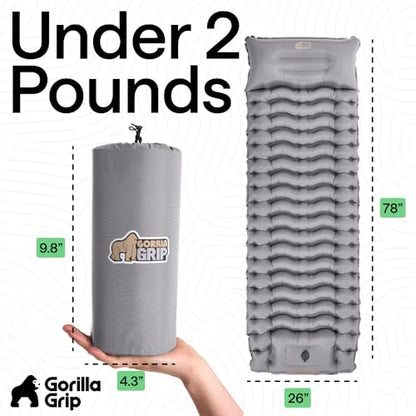 GORILLA GRIP Slip-Resistant Inflatable Sleeping Pad with Grip Dots, Foot Pump, Puncture Resistant Lightweight Camping Mattress, Air Mats Travel Backpacking, Inflating Bed Camp Sleep Pads Tent, Gray - color: Gray