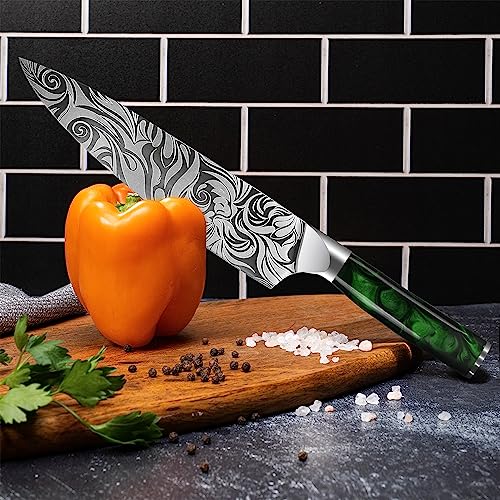 SENKEN 8-piece Engraved Japanese Kitchen Knife Set & Beautiful Green Resin Epoxy Handles - Wasabi Collection - Chef's Knife, Santoku, Cleaver, Paring, & More - size: 8-Piece Chef Knife Collection