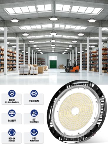 160W UFO LED High Bay Light, 24,000LM LED Shop Lights for Garage Warehouse Workshop, 5000K Daylight IP65 Waterproof Commercial Ceiling Fixture, 700W HPS/MH Equiv, ETL Listed, 6ft Cord, 4-Pack
