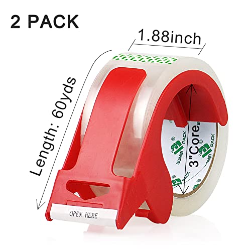 BOMEI PACK 2 Rolls Clear Noiseless Heavy Duty Packing Tape with red Dispenser, Packaging Tape 1.88 Inches x 60Yards, 2.4mil Industrial Shipping Tape for Moving Packaging Shipping, Office & Storage
