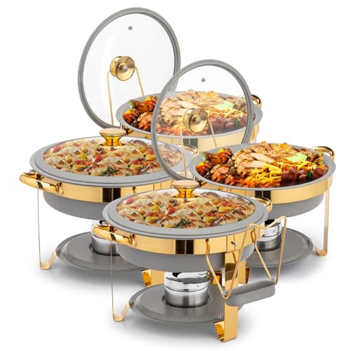 ROVSUN 6QT Chafing Dishes for Buffet 4 Pack, [Game Changer Maifanite-Coated] Chafing Dish Buffet Set, [Unique Gray & Gold Color] Chafers and Buffet Warmers Sets with Lid Holder for Party Wedding - color: Gray-gold