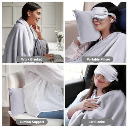 Travel Blanket Pillow,Airplane Blanket Compact with Bag Eye Mask, Ultra-Soft,Warm & Lightweight Included,Travel Essentials for Women & Men, Luggage Sleeve & Backpack Clip 65x40 in, Grey - color: Gray