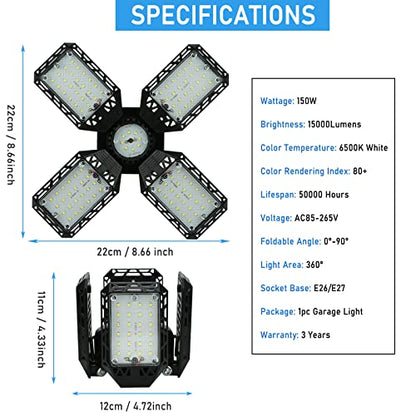 2-Pack LED Garage Light,150W Deformable Garage Ceiling Lights,15000LM, 4 Adjustable Panels, E26/E27 Shop Lights for Basement, Barn, Workshop,High Bay Light - size: 4+1P 2Pack/F