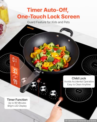VEVOR 30 Inch Induction Cooktop 5 Burners,Built-in Electric Stove Top,Knob Control, Ceramic Glass Surface,Low-Power Continuous Heating,11 Power Levels, Child Lock,9200W,220V No Plug - size: 30IN -knob control