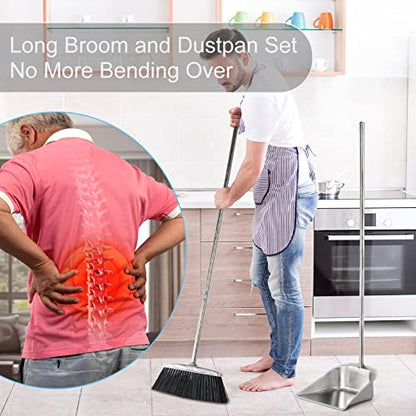 Heavy Duty Broom and Dust pan Set, Stainless Steel Broom and Dustpan Set with Long Handle, Broom with Dustpan Set for Home Standing Dust Pan Indoor Outdoor Brooms Dustpan - color: Black Broom and Dustpan Set
