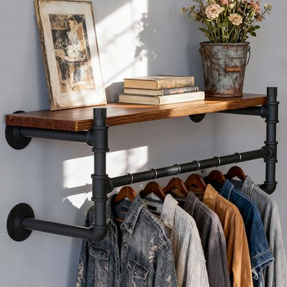 WEBI Wall Mounted Clothes Rack with Shelf,27" Industrial Pipe Clothing Rack with Shelf with Hanging Rod,Heavy Duty Iron Garment Rack Bar,Retail Display Clothes Rod for Laundry Room,Closet,Black - color: Black, size: 27 Inch