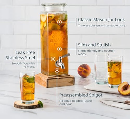 Kook Glass Drink Dispenser, with Leak-Proof Stainless Steel Spigot, Clear Rectangular Mason Jar, Beverage Storage for Fridge, for Water, Iced Tea, Sangria, Lemonade, 80 oz (2) - size: Pack of 2
