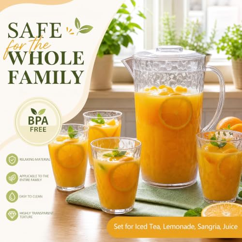 Water Pitcher with Lid, Plastic Pitcher Set with Cups, Water Jug for Drinks - color: Clear