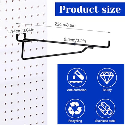 12 Pcs 8" Pegboard Shelf Hooks, 1/4" Peg Board Organizer Accessory Fits 1/4 Black Pegboard Organizer Accessories for Workbench, Garage, Craft Room, Retail Shop