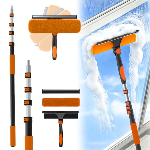 25FT Reach Window Squeegee Kit with Extension Pole, 2-in-1 Professional Washer for High Windows, 5-20FT Adjustable Reach, Rotatable Head for Indoor & Outdoor Use, Streak-Free Cleaning Tool for Home - color: Orange, size: 20FT