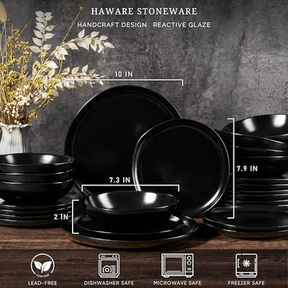 HaWare Plates and Bowls Set, Stoneware Dinnerware Sets, 18-Piece - color: Matte Black, size: 18 Pieces- Service for 6