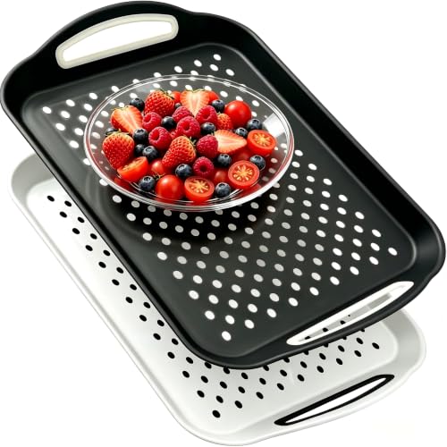 2 Pack Large Nonslip Serving Tray with Handles Lap Food Trays for Eating on Couch Tray for Breakfast Dinner Snack Fruit Beverage(Black & White)