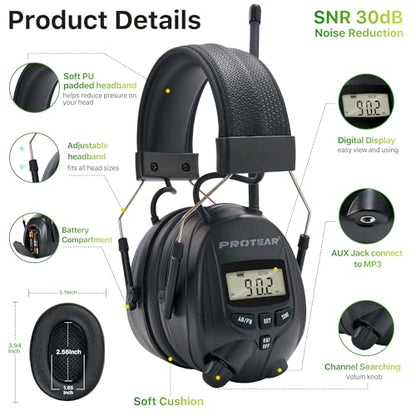 AM/FM Radio Headphones 25dB NRR,Noise Reduction Safety Earmuffs,Digital Display Headset,Powered by AA Battery,Hearing Protection for Walkman Mowing Lawn Work,Black - color: Black