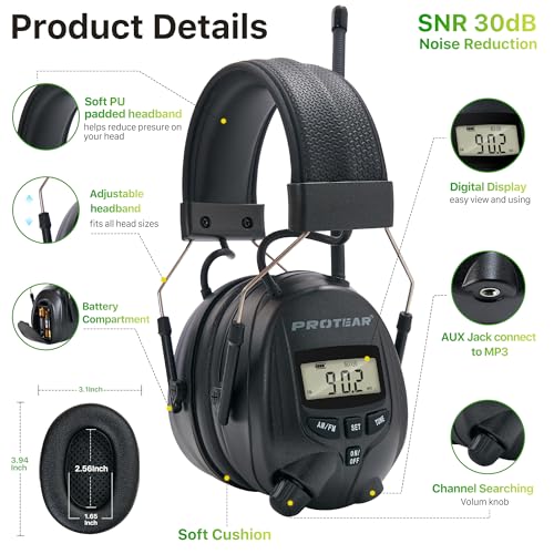 AM/FM Radio Headphones 25dB NRR,Noise Reduction Safety Earmuffs,Digital Display Headset,Powered by AA Battery,Hearing Protection for Walkman Mowing Lawn Work,Black - color: Black