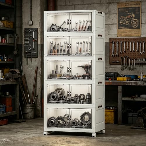 5‑Pack Foldable Stackable Storage Boxes, 356.6 QT Organizer Container with Magnetic Doors & Wheels for Home, Garage, Office (23.62" W x 14.02" D x 66.93" H) - size: 5PACK-23.62"W14.02"D66.93"H