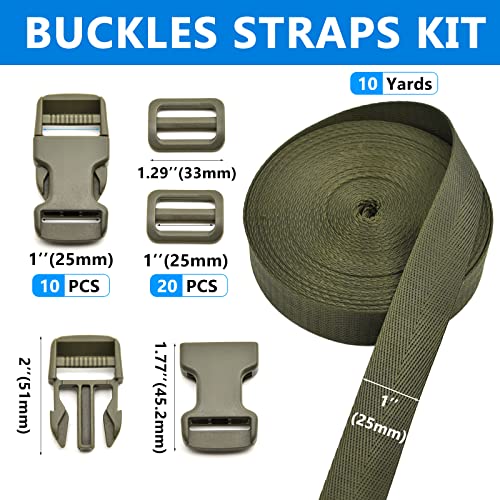 1 inch Buckles Straps Set with 10 Yards Nylon Webbing, 10 pcs Quick Side Release Plastic Buckle, 20 pcs Tri-glide Slide Clip for Luggage and Backpack Replacement (Army Green) - color: Army Green