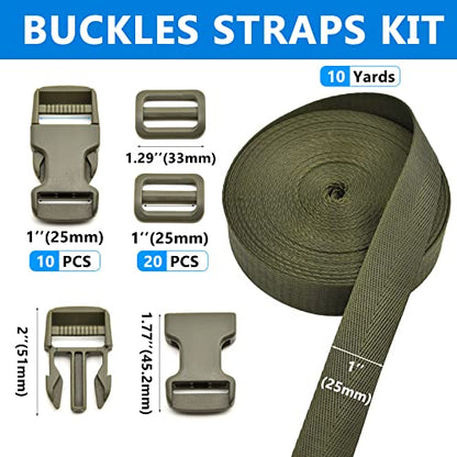 1 inch Buckles Straps Set with 10 Yards Nylon Webbing, 10 pcs Quick Side Release Plastic Buckle, 20 pcs Tri-glide Slide Clip for Luggage and Backpack Replacement (Army Green) - color: Army Green