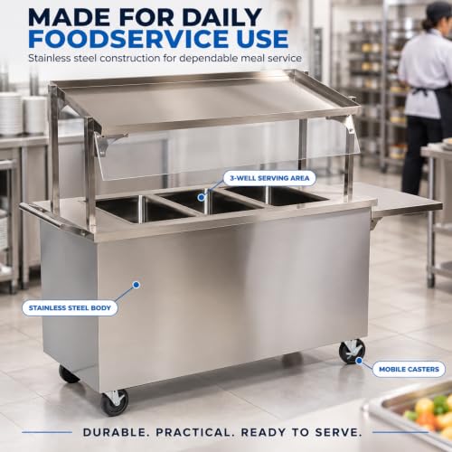 Commercial Meal Cart, 3-Well Stainless Steel, 78”W x 26”D x 58 3/4”H