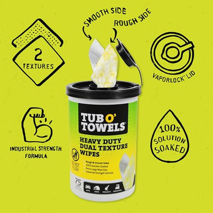 Tub O’ Towels TW75 Heavy-Duty 10" x 12" Size Multi-Surface Cleaning Wipes, Dual Texture, 75 Count Per Canister - size: 75 Count (Pack of 1)