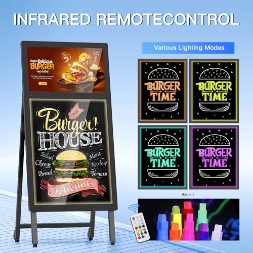 Portable A-Frame Rechargeable Digital Signage Kiosk with LED Message Writing Board, 8H Battery Powered USB Plug & Play Dual Screen, Foldable Advertising Display for Retail Stores, Restaurants